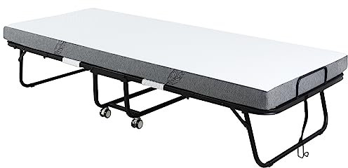 HOMCOM Cama Plegable 200x80 cm con 4 Ruedas, Cama de Camping Portátil, con Colchón Individual de 10 cm, Marco de Acero, Carga 150 kg, para Dormitorio, Salón, Oficina, Blanco