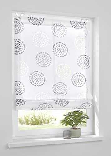 Kutti Raffrollo Ösenrollo Bella Ausbrenner Weiss anthrazit Bedruckt Kreis Motiv, incl. Fensterhaken (45 x 140 cm)