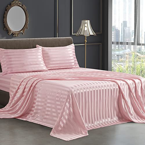 SiinvdaBZX 4 lenzuola in raso stampate a righe, stile italiano setoso morbido rosa cipria lenzuola queen con tasca profonda, 1 lenzuolo con angoli, 1 lenzuolo piatto, 2 federe con chiusura a busta