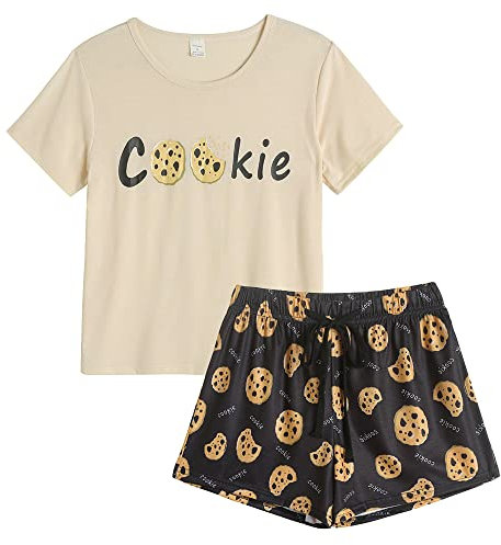 MyFav Damen Pyjama Set Kurz Schlafanzug Kurzarm Shirt und Kurze Hose Hausanzug Sommer Zweiteilig Nachtwäsche Set,Khaki,M