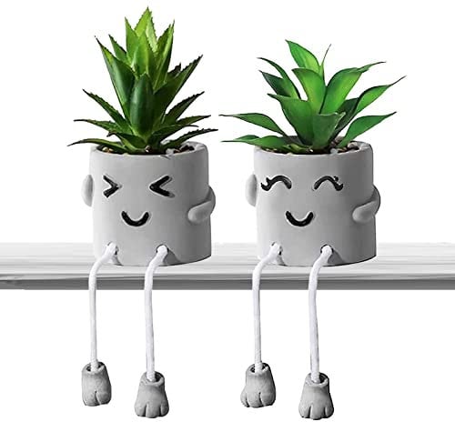 Funvalley Surperfect 2 Pack Cute Artificial Potted Plant Fake Plants Potted with Hanging Leg, Emotional Cement Faux Succulents Potted Plants Decor for Home Office Bookshelf Bathroom Shelf Table Desk