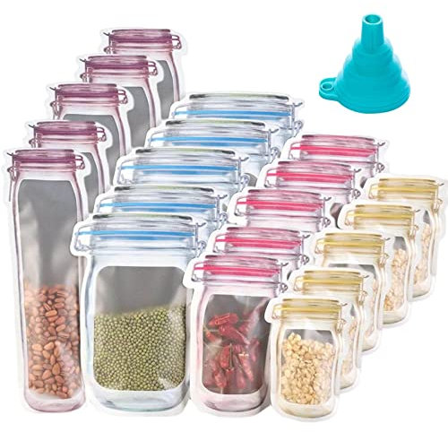 Reusable Mason Jar Ziplock Bags, 20/40 pcs Mason Jar Bottle Bags, Mason Jar Reusable Zip Lock Bag for Kitchen Camping (20pcs)