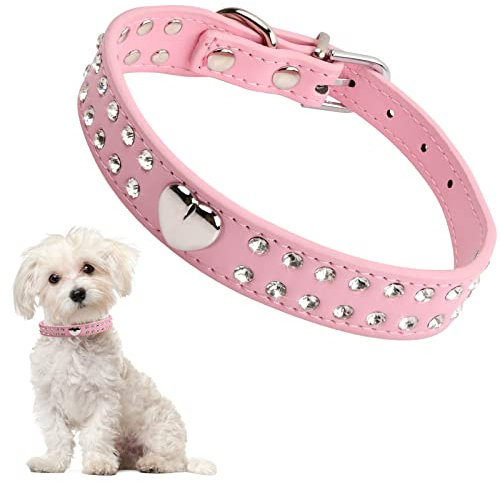 Strass Hundehalsband Hundehalsbänder aus Kristal Bling PU Leder Strass Welpenhalsband Strasssteinen Diamant Halsband Haustier Verstellbares Halsband für Kleine und Mittelgroße Hunde Katzen, Rosa, S