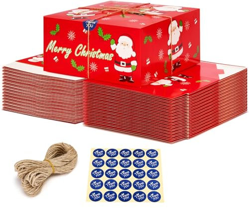 Switory 15Pcs Christmas Boxes with Lids and Thank You Stickers, 8x8x4'' Recycled Kraft Xmas Wrapping Presents Boxes Red Gift Box for Christmas, Gifts, Mugs, Scarf, Stockings, Gloves