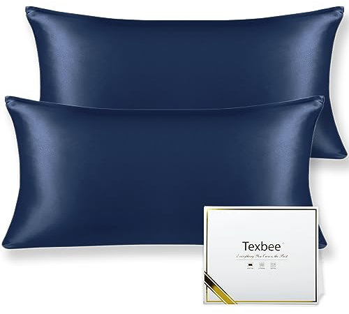 Texbee Seidenkissenbezug 40x80cm für Haar und Haut 2 Stück Beide Seiten 22 Momme Natürliche Kissenbezug Seide mit verstecktem Reißverschluss Weiche Atmungsaktive Glatte Standardgröße-Marineblau