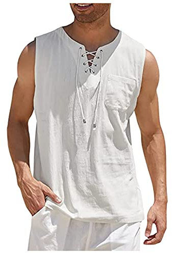 Azruma Tank Top Herren Sommer T-Shirts Fã¼R Herren Fitness Tshirt Herren Sommer Einfarbig Baumwolle Leinen Strand ÄRmelloses Hemd Mit SchnüRung Und Brusttasche Muskelshirt (Weiß, 4XL)