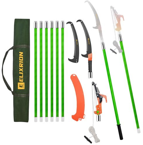 ELIXRION Scies à perche de 2,2 à 8,1 m pour couper les arbres, ensemble de débroussailleuse manuelle pour couper les arbres, scie à main extensible, tondeuse à long manche avec sac de rangement.