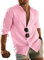 Chahuer Camicia da Uomo in Lino Tinta Unita con Colletto alla Coreana Camicie a Maniche Lunghe Allentate Casual Monopetto Primavera Estate Rosa XL