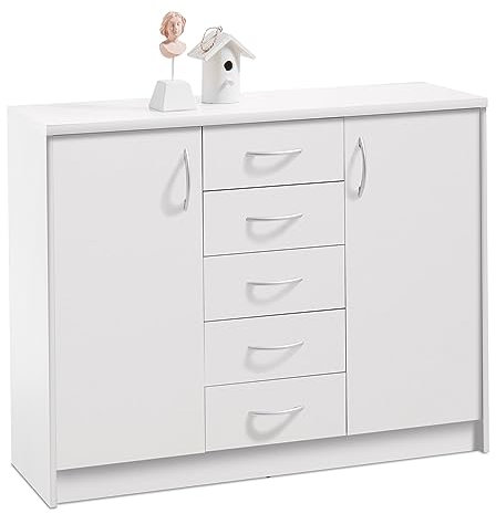 Home4You Kommode Sideboard Mehrzweckschrank | Dekor | Weiß | 2 Türen | 5 Schubladen