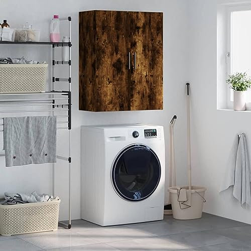 Hovothy Wandschrank 69,5x34x90 cm Lagerschrank Hängeschränke Wohnzimmer Badhänge Schrank Küchenschrank Hängend Badschrank Schmal Hängend Küche Wäscheraum Räuchereiche