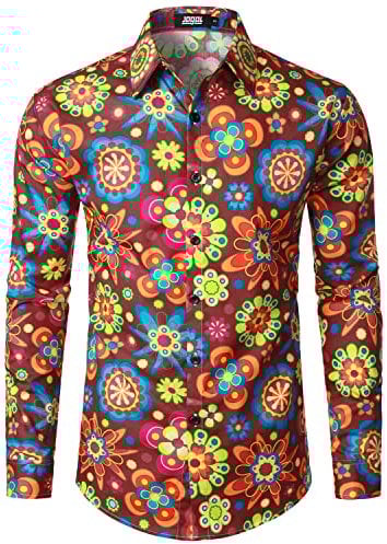JOGAL Mens Regular fit Floral Dress Shirt Long Sleeve Printed Casual Button Down Shirts WineredYQ Large