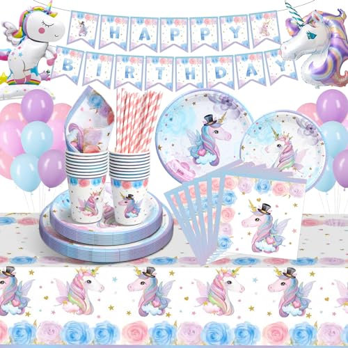 Einhorn Deko Kindergeburtstag, Einhorn Partygeschirr Set, Pappteller Kindergeburtstag mit Einhorn Luftballons Pappteller Tassen Servietten Tischdecke für Einhorn Party Deko16 Gäste