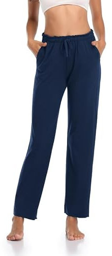 COLORFULLEAF Schlafanzughose Damen Lang Bambus Pyjamahose Dünne Sommerhose Schlafanzughosen Relax Weites Bein Haushose(Marineblau,XL)