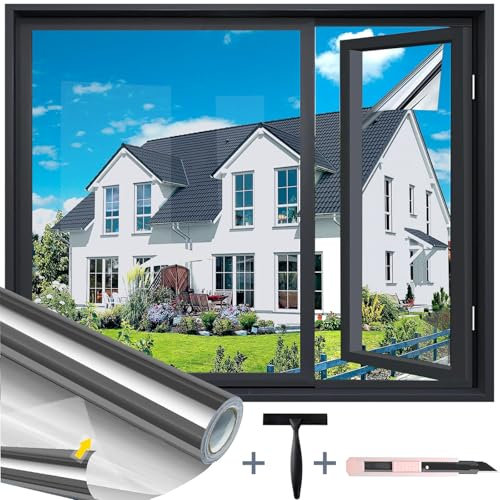 Evofensteere (Silber 60X400cm) UV-Schutz Sonnenschutzfolie Fenster innen oder außen,Selbstklebend Ohne Rückstände Thermofolie Fenster Gegen Hitze, spiegelfolie Fenster sichtschutz für Büro und Haus