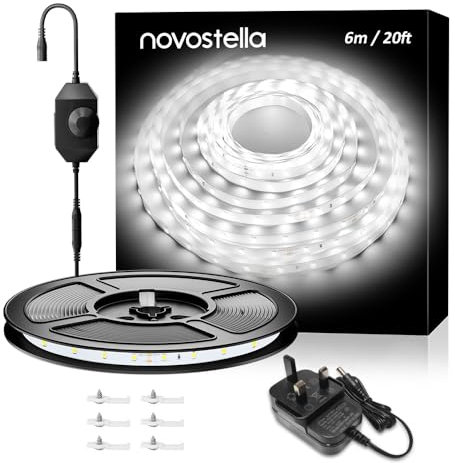 NOVOSTELLA White LED Strip Lights, 6m 6000K Dimmable LED Light Strip for Bedroom, 336 LEDs, 24V Bright Daylight White Flexible Tape Lights, Under Cabinet Rope Lighting for Kitchen Vantiy Mirror