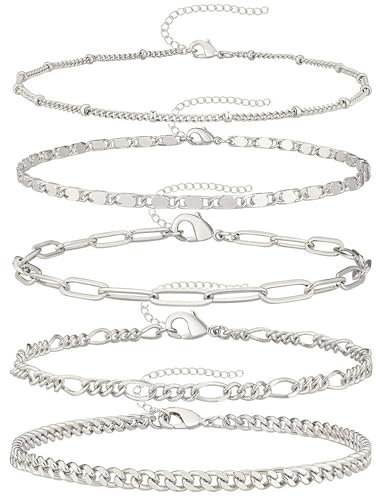 5 Stück Fußkette Silber Fussketten Für Frauen Fußkette Damen Anklets For Women Einfaches Vintage Damen Fußkettchen Strand Knöchel Mehrschichtige Armbänder Boho Knöchel Ketten Knöchelschmuck