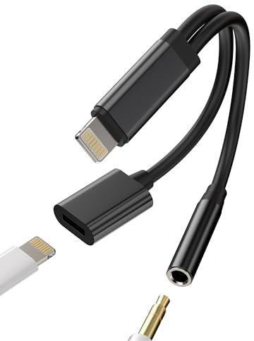 Adaptador Lightning a Jack 3,5mm (2 en 1) Cargador Auriculares Accesorios para Apple iPhone 14 13 12 11 Pro MAX para iPad Air Auxiliar Coche Cascos Dongle Cable Auricular Aux Audifonos Carga Conector