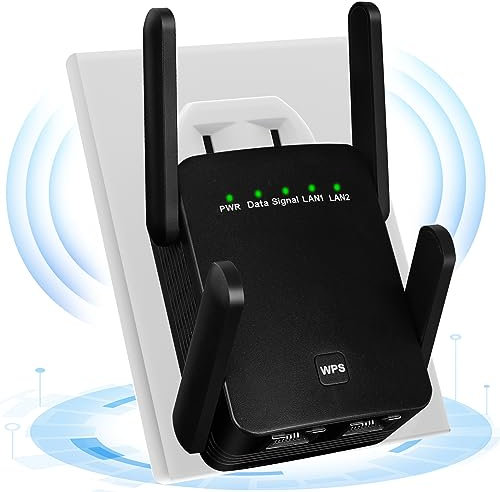WLAN Verstärker 1200Mbit/s Dualband,WLAN Repeater 2.4GHz & 5.8GHz, WiFi Extender Booster mit WPS, WiFi Internet Verstärker mit externen 4 * 2dBi Dual-Band-Antennen bis zu 3000qm (Schwarz)