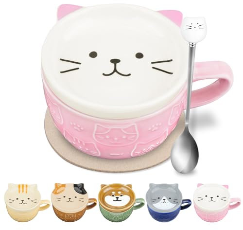 Kawaii Tazas de Cafe de Cerámica Con Tapa, Engraçadas Animales Tazas para Navidad, Juego de Taza Gato de Dibujos Animados para Niñas, Amigas, Mamás