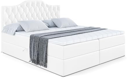 ALTDECOR Boxspringbett mit Matratze und Lattenrost, Boxbett, Topper, Polsterbett mit Bettkasten, Bett mit Stauraum H3-Matratze, Doppelbett, Springboxbett - Vila-1-160x200 - Weiß Kunstleder