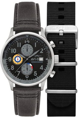 AVI-8 Hawker Hurricane AV-4011 Herren-Chronograph, japanische Quarzuhr mit Lederband, 42 mm, Grau/Schwarz, Klassischer Chronograph