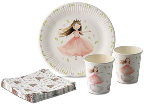 ECOFIESTA 52 pièces set de vaisselle jetable pour l'anniversaire des enfants princesse - assiette carton rose sans plastique - lot vaisselle