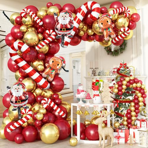 Christmas Balloon Arch Garland Kit, 114Pcs Retro Red Metallic Gold Latex Balloons with Large Cane Gingerbread Man Santa Claus Xmas Foil Balloons for Birthday Merry Christmas Party New Year Decorations