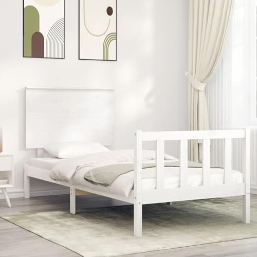 Iiaky Massivholzbett mit Kopfteil Bettgestell Bed Frame Holzbett Kopfteil Bett Schlafzimmer Bett Massivholzbetten Weiß 100x200 cm - 3193392