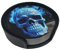 3D-Druck Blauer Totenkopf-Leder-Untersetzer für Getränke, runde Untersetzer, Set mit 6 Getränkeuntersetzern, Set mit Halter, hitzebeständige Tassenmatte für Tischschutz, Teetassen-Untersetzer,