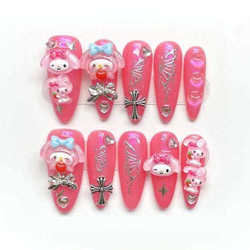 Handmade Press on Nails Long MouyouGlow, Ballerina Blue 3D Planet Cross Charms, Chrome Cat Eye Magnetic Y2K Aestheitc Resuable Fake Nails, Handmade Artificial Fingernails, 10 Pieces (96-S Size)