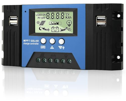 MPPT 80A Contrôleur de Charge Solaire,12V 24V Identification Automatique, 80A Régulateur Panneau Solaire de Batterie avec Sonde Température LCD 4 ports USB, pour Plomb Acide Batterie/lithium Batterie