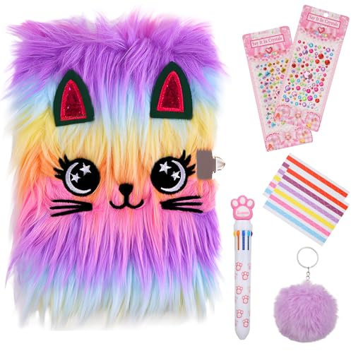 Secret Diary with Lock for Girls, Plush Cat Journal Notebook Set Cat Lockable Diary with Pompoms Keychain, Multicolored Pen, Diamond Stickers Gift for 6-12 Year Old Girls Birthday Presents