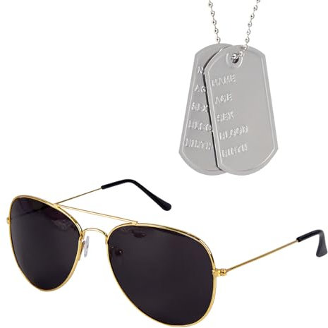 2 PCS Flieger Verkleidung Accessoires Fliegerbrille Sonnenbrille, Silber Erkennungsmarke Kette, Pilot Kostüm Zubehör Pilotenbrille Hundemarke Dog Tag für Damen Herren Erwachsene Fasching Karneval