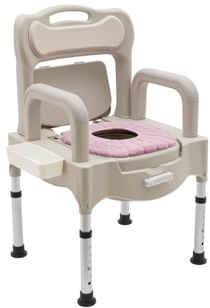 Toilettenstuhl mit Toiletten-Ersatzeimer und Sitzbezüge,Nachtstuhl 41,5-54 cm Höhenverstellbar WC Stuhl für Senioren,Belastbarkeit bis 250kg Duschhocker Toilettenhilfe aus Robuster Aluminiumrahmen