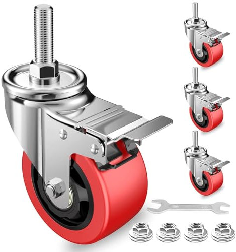 COOWOO Lenkrollen 75 mm, Stielrollen mit doppelter Sicherheitsarretierung, robuste Transportrollen, aus Polyurethan-Gummibeschichtung, geräuschlose Möbelrollen mit Feststeller, 500 kg Gesamttragfäh
