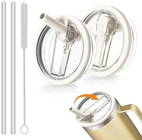 2 Leak-Proof Lids for Stanley Cup 40 oz, Replacement Lid for Stanley Cup Accessories with 2 Straws and 1 Straw Brush, Reusable Waterproof Lid for 40 oz Cups (White)