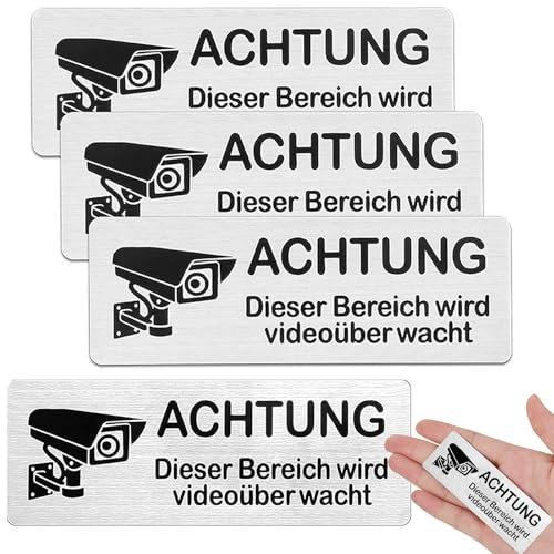 Achtung Videoüberwachung Schild,4 Stück Aufkleber Videoüberwachung,Selbstklebend Schild Aluminium Kamera Überwachung für Innen und Außen(8.5x3 cm)