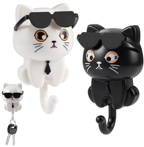 Lot de 2 Cat Adhesive Coat Hook, Crochet Adhésif Animal Cat Hook Rétractables, Accroche Clef Mural Crochets Décoratifs, crochet Adhesif Mural Crochet de Chat pour Accrocher Clés Manteaux, Chapeaux