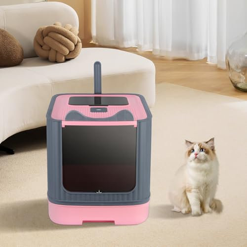 Bac à Litière Fermé pour Chat, Maison de Toilette, Plateau Amovible, Pelle, pour Grand Chat, Capacité de Charge 15 kg,Anti-fuites44,5 * 36,5 * 34,5 cm-Rose