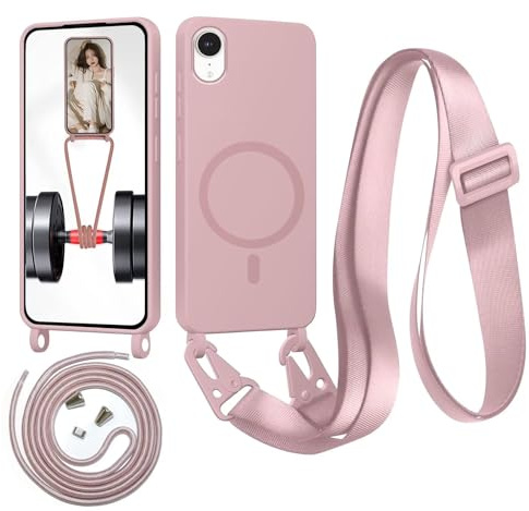 Beajew Handykette für iPhone XR Hülle mit Band [Kompatibel mit Magsafe] Flüssig Silikon Necklace Handyhülle Magnetische Schutzhülle zum Umhängen Kordel für iPhone XR, Sandpulver