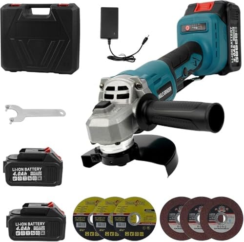 WUDLEP 21V Brushless Angle Grinder, 10000RPM Powerful Metal Cutter with 2X 4.0Ah Batteries, Cordless Grinder Kit Includes 4-1/2'' Disc, Quick Charger, 6 Cutting & Grinding Wheels and Storage Case