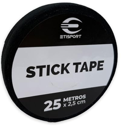 ETISPORT Tape Negro Antideslizante 25 m x 2,5 cm. Grip Profesional para Stick de Hockey Patines, Hockey Hielo, Golf, Raquetas. Algodón/Poliéster con Adhesivo de Caucho Natural