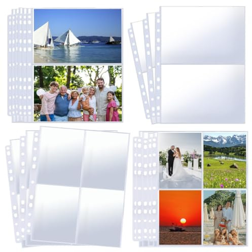BUKCYUE 40 Stück Transparente Postkartenhüllen, Etwas kleiner als A4, Fotohüllen mit 11-fach Lochung, Beidseitige 2-Fächer (20,5x14,3 cm) & 4-Fächer Hüllen (10,3x14,3 cm), 240 Taschen