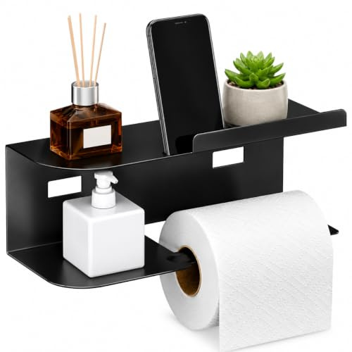 Oderra Toilettenpapierhalter mit Ablage | Klopapierhalter Schwarz ohne Bohren Selbstklebender WC Rollenhalter mit Aufbewahrung für Badezimmer