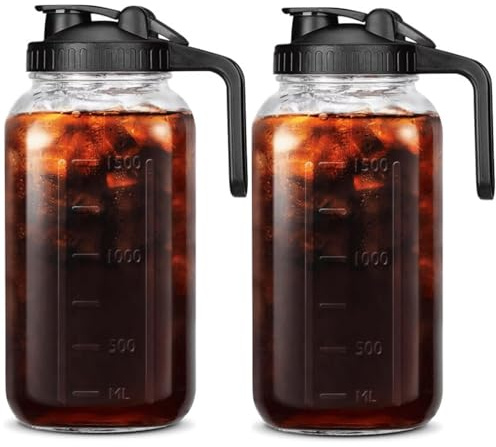 Mason Jar Pitcher, 2 Pcs 64 oz Leak Proof Glass Juice Pitcher with Lid & Spout Wide Mouth Cold Brew Mason Jar for Liquids Ice Tea Juices Cold Brew Coffee Breast Milk