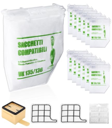 10 bolsas para Vorwerk Kobold VK135/VK136, con filtros y pastilla | Incluye 1 filtro de motor, 1 pastilla perfumada y 2 filtros higiénicos para un recambio práctico y completo