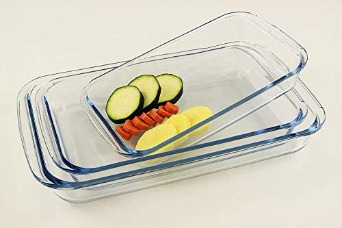 XSQUO Set 3 bandejas de horno tipo Pirex, cristal borosilicato, 1.6 / 2.2 / 3 Litros, Aptas para horno microondas y frigorífico