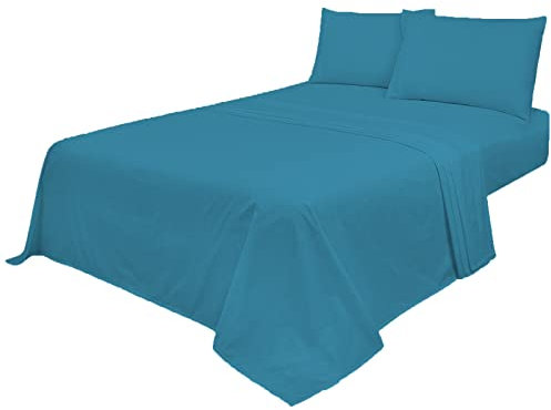 Voice7 Non Iron Teal 4pc Sheets Set (Fitted Sheet + Flat Sheet + Pillow Cases Pair) Percale Super Poly Cotton Bedding Sets (Teal, Double)