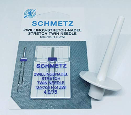 2ter Garnstift/Garnrollenstift Universal zum Aufstecken auf den Spuler für Medion Nähmaschinen + Original Schmetz Zwillingsnadel Flachkolben Universal 130/705 H-ZWI 4,0/75er