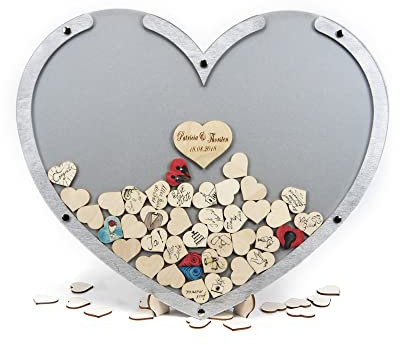 Laserano Edles Hochzeitsgästebuch, Herzform, Silber, Holz Herzchen - Personalisierbar mit Wunschgravur (Dekor Silber, L - 50 x 40 cm)